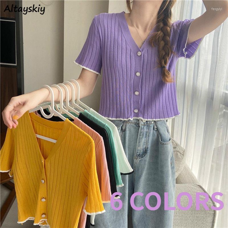 

Women' Knits Cardigan Sweaters Women Short Sleeve Summer V-neck Thin Knitted Crop Tops Sweet Candy Color Fashion Females Jumpers Streetwear, Green