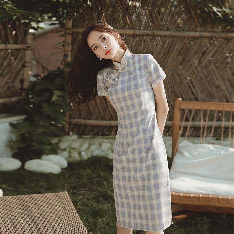 

Ethnic Clothing Plaid Cheongsam Female Chinese Style Improved Elegant Dress Young Girl Retro Eventing Party Daily Old Shanghai Qipao