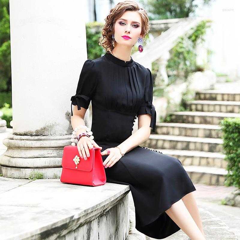 

Party Dresses Hepburn Style Black Pleated Silk Women Fashion 2022 Summer Long Casual Sexy Office Work Daily Dress Plus Size Slim Fit A