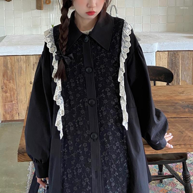 

Women' Trench Coats Autumn Sweet Loose Coat Women Print Lace Casual Warm Long Outwear Female Patchwork Korean Fashion Winter Jacket 2022, Black