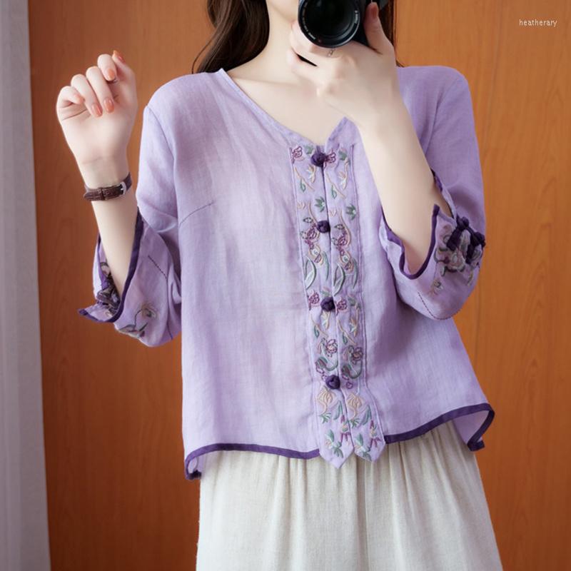 

Ethnic Clothing Purple Embroidery Shirt Short V Neck Patchwork Style Tang Suit Cardigan Chinese Blouse Women China Traditional Retro Top