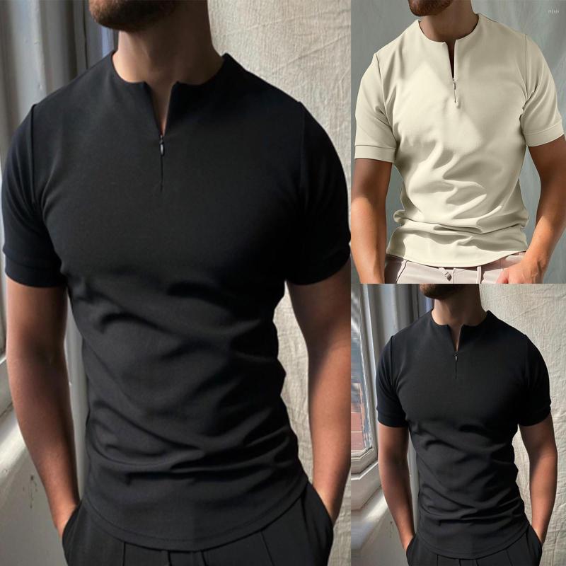 

Men's T Shirts Stand Neck T-shirt Men's Casual Soild Color Zipper Turn-down Collar Short Sleeve Shirt Vintage Oversize Streetwear, Db