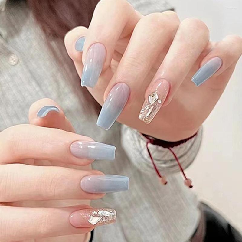 

False Nails High Quality 24Pcs Gradient Blue Wearable Long Fake For Women And Girls Easy Tear Not Fall Nail Art, Jelly glue model