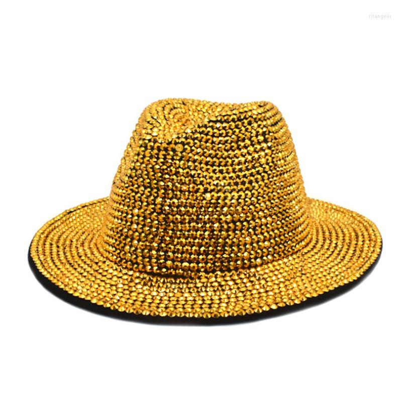 

Berets Rhinestone Fedora Hat Women Party Stage Handmade Point Drill Male British Retro Outdoor Sunshade Jazz Performance