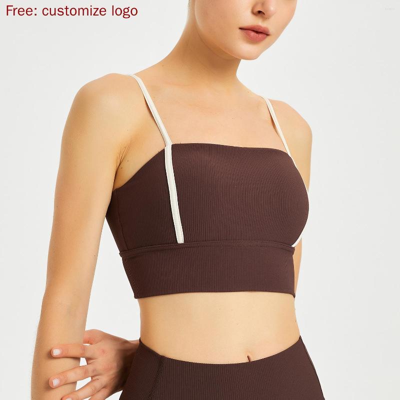 

Yoga Outfit # Customize Logo 2022 Summer Strap Sport Bra With Pad Sexy Crop Top Low Cut Nylon Workout Gym Fitness Gymwear Women, Black