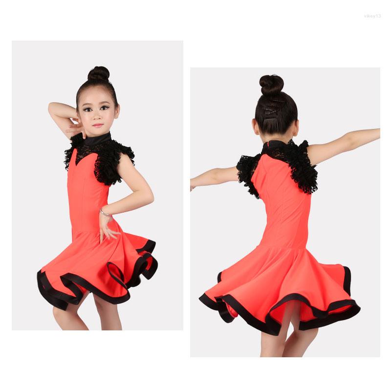 

Stage Wear 2022 Arrival Girls Black Lace Sleeve With Spandex Bodice Latin Dance Dress Performance Costume A0020, Orange