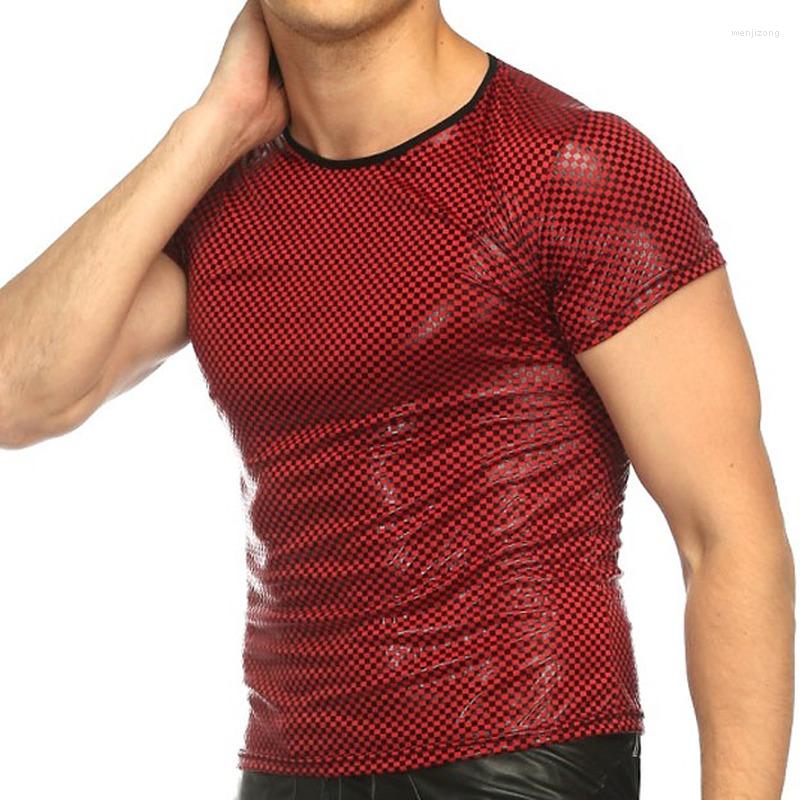 

Men's T Shirts Fashion Men Sexy Patent Leather Glossy Skinny Tops T-shirt Tees Mens Stage O-Neck Casual Clothes, Black