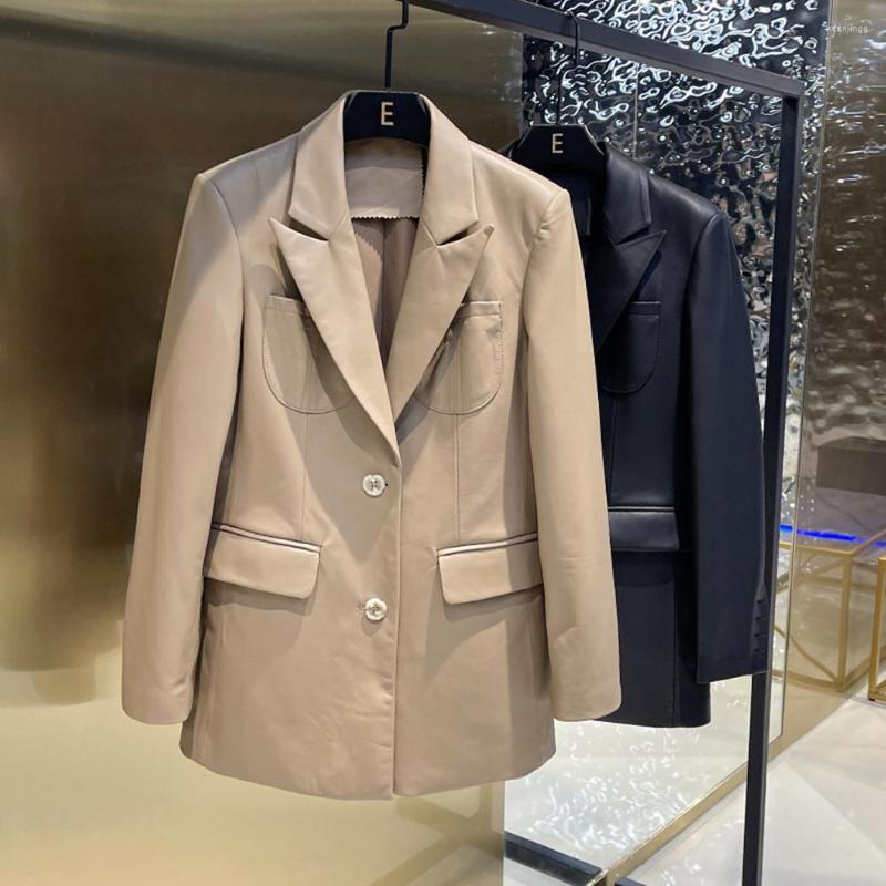 

Women' Leather Europe Autumn Designer Women' High Quality Sheepskin Blazers Jackets C912, Black