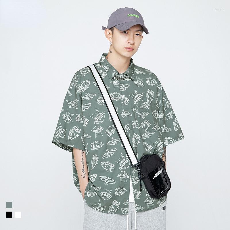 

Men's Casual Shirts Korea Style Blouses 2022 Summer Fashion Brand Short Sleeved Shirt Men's Loose Printed Half Unisex Clothing, Black