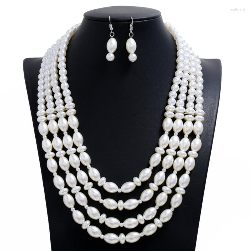 

Necklace Earrings Set FYJS Unique Silver Plated Multi Layer Geometric Imitation Pearl Pendant Beads Chain, Picture shown