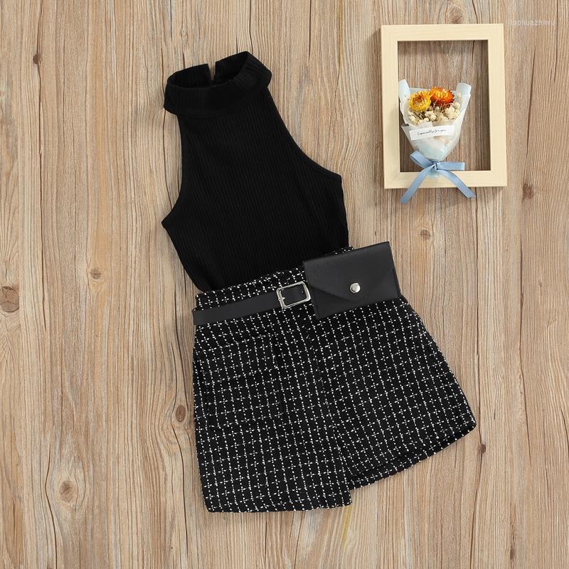 

Clothing Sets 1-6Y Kids Girls Summer Clothes With Belt Bag Children Sleeveless Halter Tops Plaid Pant Skirts Fashion Outfits, Black