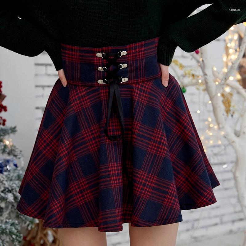 

Skirts Spring Summer Women High Waist Korean Style Pleated 2022 Girls Retro Punk Casual Ladies Mini Plaid Lace Up Skirt, Black