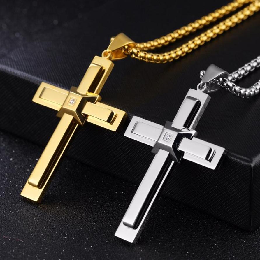 

Pendant Necklaces Fate Love High Polished Gold Stainless Steel Crystals Large Huge Cross Men's Necklace Chain 3mm 24 Inch253C