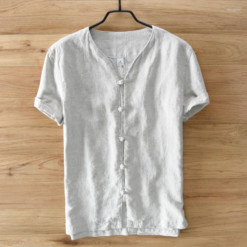 

Men's Casual Shirts Men Shirt V-neck Short Sleeve Linen Solid Slim Fit Camisa Masculina Breathable Vintage Clothes 2022 Plus Size, Blue