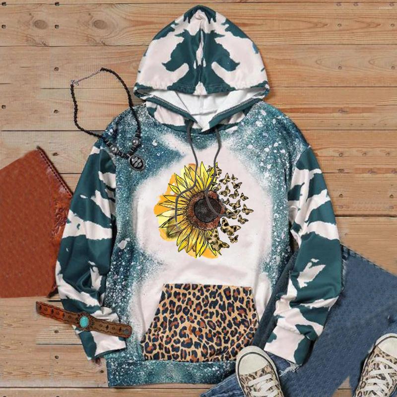 

Gym Clothing Vintage Sunflower Print Sweatshirts Women Casual Tie Dye Patchwork Pullover Hooded Sweatshirt With Pockets Hoodies Moletom