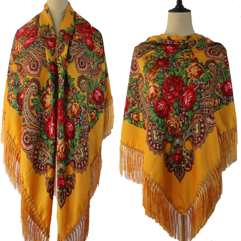

Scarves 160 160cm Women Russian Shawl Square Blanket Scarf Ladies Fringed National Shawls Retro Floral Pattern Headscarf Wraps 221119