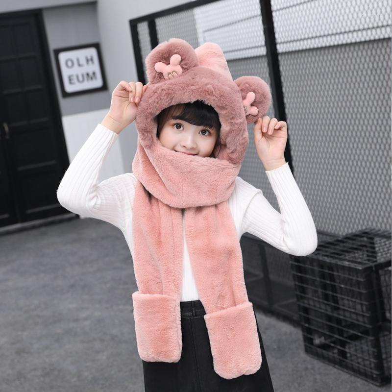 

Hats Winter Solid Color Plush Hat Baby Fur Warm Windproof Cap Scarf Gloves Three In One Cute Soft Thick Child Fashion Present, Pink