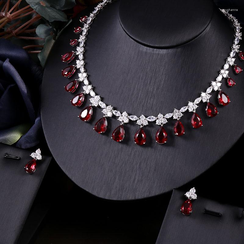 

Necklace Earrings Set JaneKelly Red Nigeria 2pcs Zirconia Sets For Women Party Dubai CZ Crystal Wedding Bridal, Picture shown