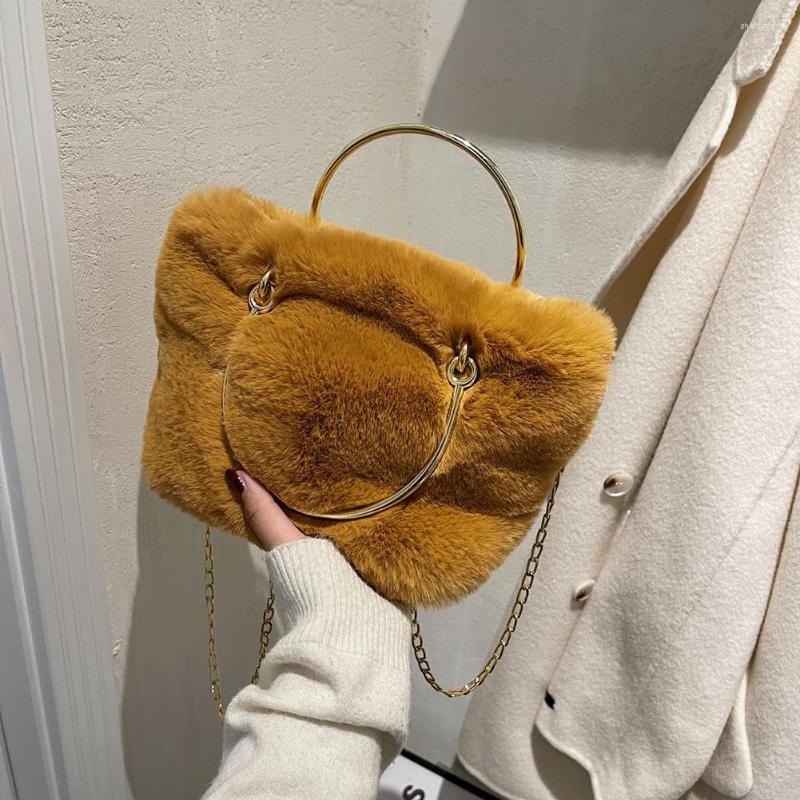 

Evening Bags Women Shoulder Bag Pure Color Messenger Chain Crossbody Winter Plush Metal Handle Small Handbag For Daily, Beige