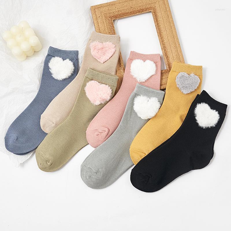 

Women Socks 1Pair Cute Love Pattern Cotton Solid Color School Style Long Soft Piles 2022 Stockings Leisure, 01