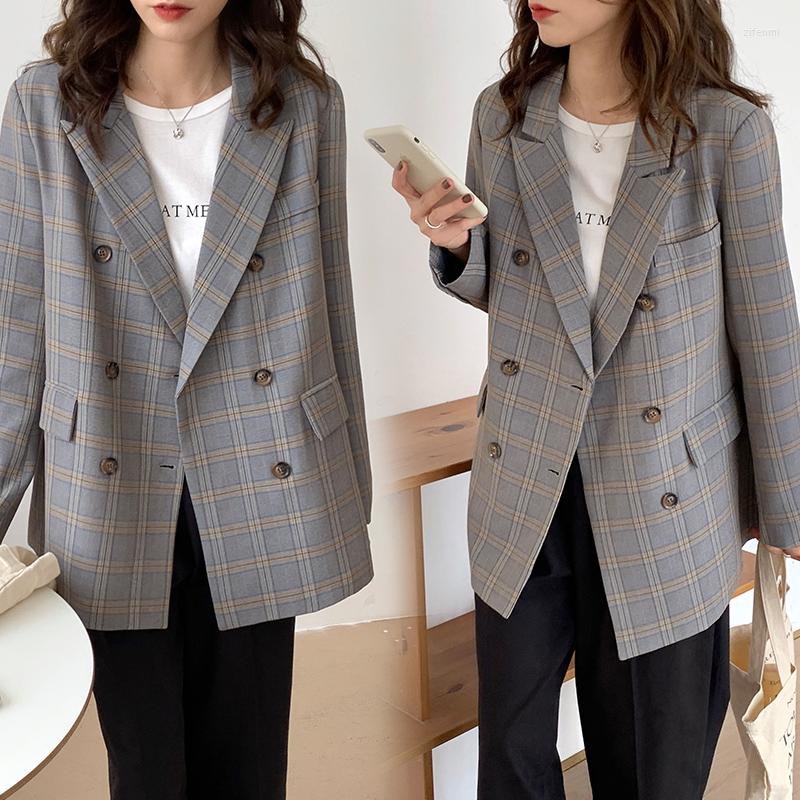 

Women' Suits Autumn Suit Jacket Women' Trend All-match Korean Style Loose British Mid-length Retro Plaid Double Breasted Top, Photo color