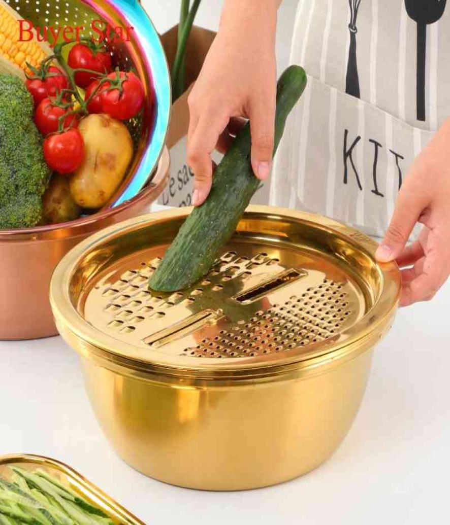 

5 in 1 Kitchen Tool Stainless Steel Drain Pot Food Chopper Vegetable Cutter Peeler Hand Held Slicer Grater Kitchen Accessories 210