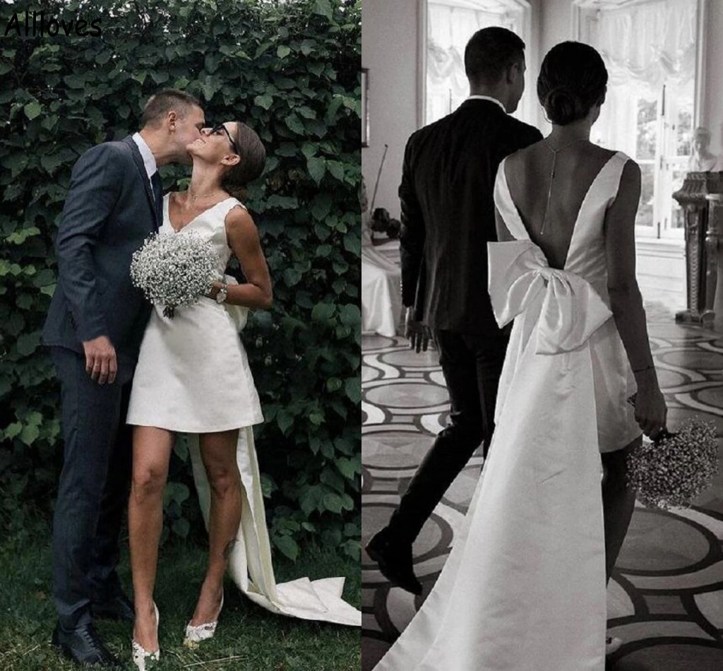

Simple Satin Little White Mini Wedding Dress With Detachable Train Big Bow Boho Garden Beach Bridal Dresses V Neck A Line Brides Second Reception Party Dress CL0560, Same as image