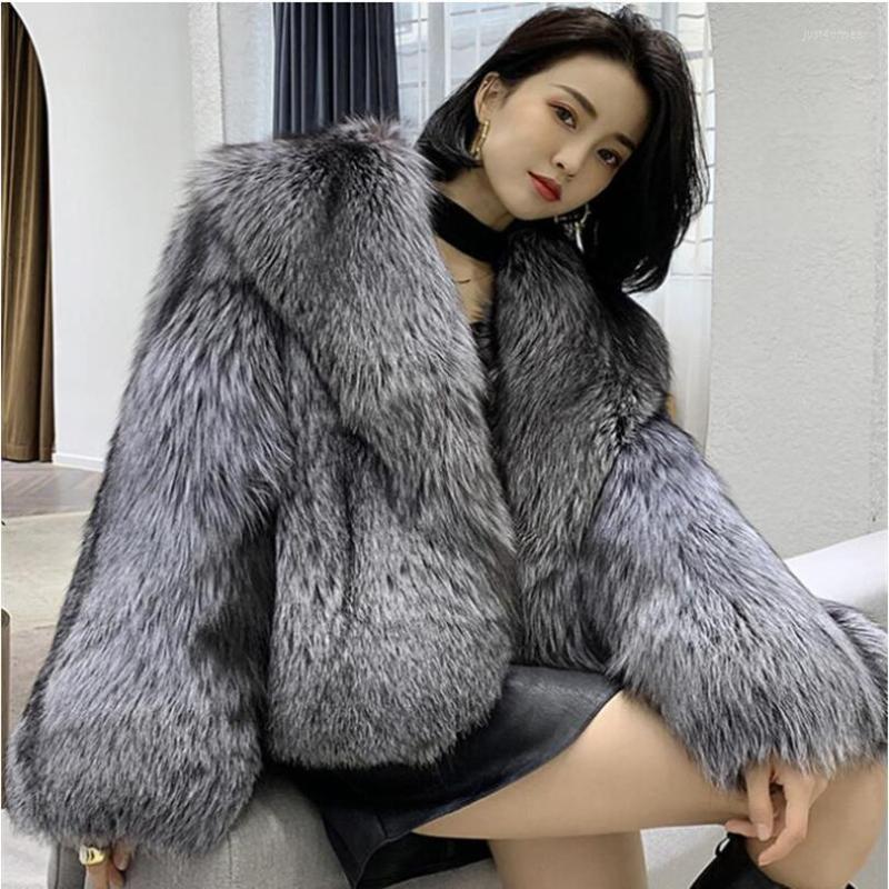 

Female Man-Made Fox Coat Short Jackets V-Neck Casual Winter Overcoats Women Fashion Outwears, The silver fox color