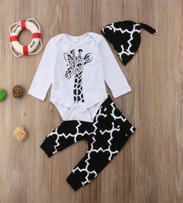 

3Pcs Baby Giraffe Clothes Sets Newborn Babies Boy Girl Bodysuit Tops Long Pants Hat Outfits Clothing Set 018M ropa de bebe6807504, Customize