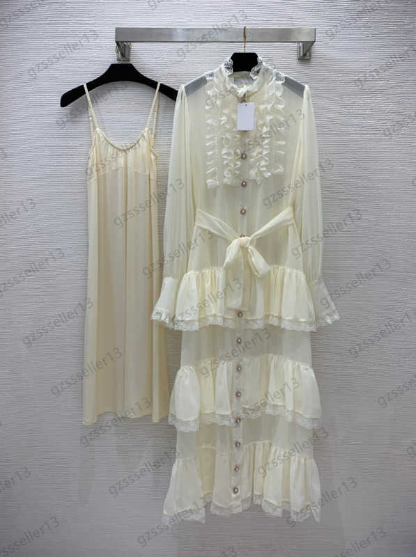 

Brand Womens Two Pieces Dress Ruffle Decoration Cake Skirt Flared Sleeves Pearl Button Belt Stand Collar Dresses High Stretch Solid Color Halter Bottom Skirts 1970, 2 blouses