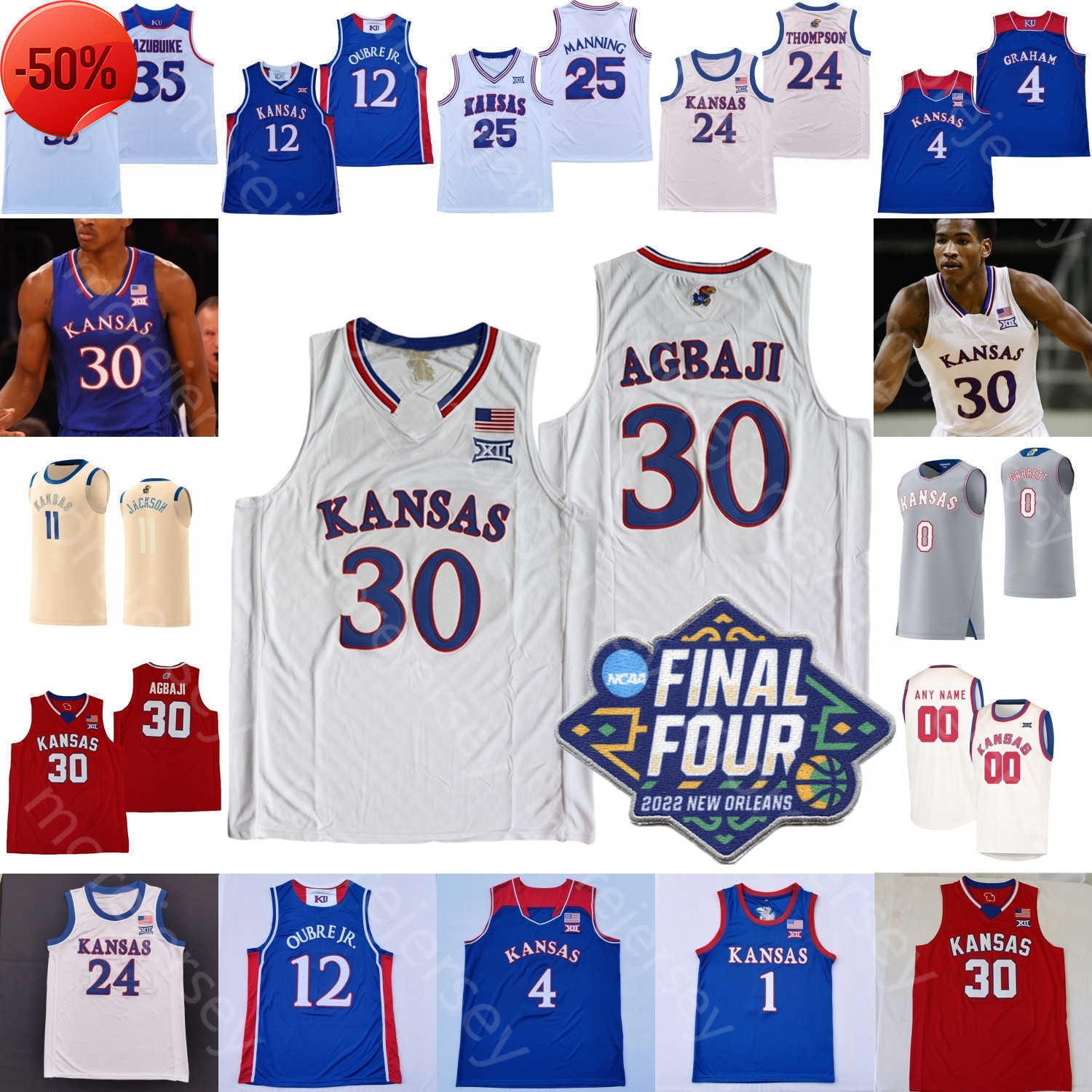 

2022 Final Four 4 Kansas Jayhawks Basketball Jersey NCAA College Ochai Agbaji Gradey Dick Jalen Wilson Pettiford Jr Harris McCullar Udeh, White