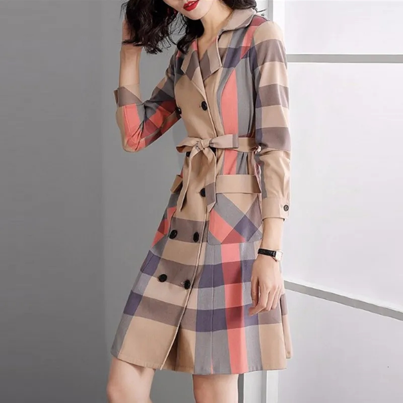 

Women  Trench Coats Pair Of Pairs Garibs Mid Length Plaid Female Autumn And Winter British Style Slim Suit Collar Q 221121, Khaki long sleeve