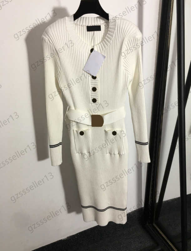 

Designer Dress Womens Casual Dresses Brand Custom Metal Button Belt Slim Long Sleeve Dresses Crew-neck Pocket Sheath Knit Maxiskit Women Clothing 4 Colors 1970