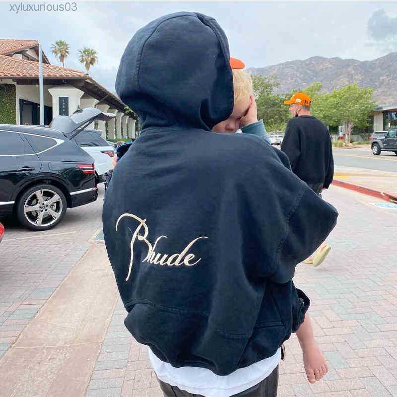

High Street Fashion Brand Rhude Capsule Embroidery Letter Zipper Hoodie Loose Unisex Hooded Jackets Coats, Black