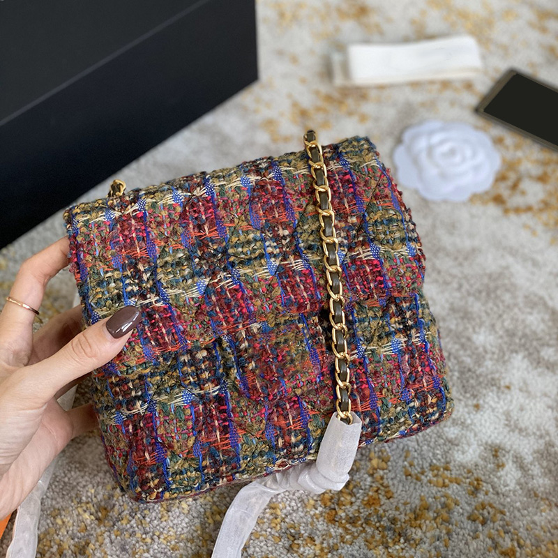 

CC Bags Luxury Brand Shoulder Bags Women Tweed Wool Colorful Check Bags Classic Mini Flap Square Purse Gold metal Matelasse Chain Crossbody, Box