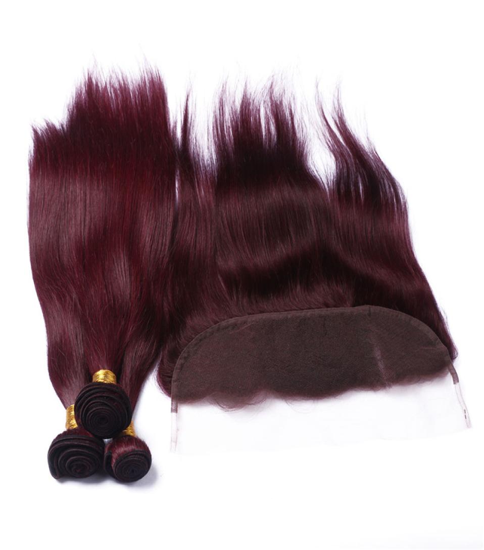 

Wine Red Human Hair Bundle Deals with Frontal Closure Straight 99J Burgundy 13x4 Ear to Ear Lace Frontal Closure with Virgin Hair5771133, #99j
