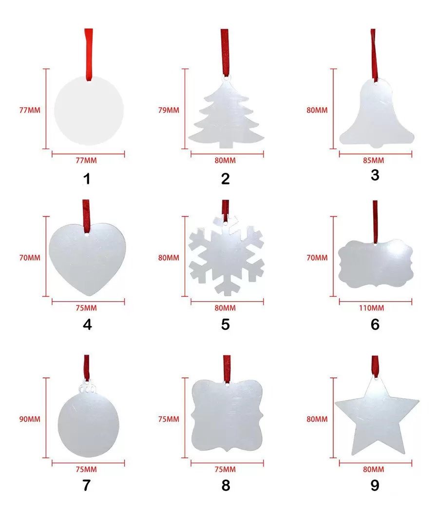 

UPS Sublimation Blank Christmas Ornament Double-Sided Xmas Tree Pendant Multi Shape Aluminum Plate Metal Hanging Tag Holidays Decoration Craft