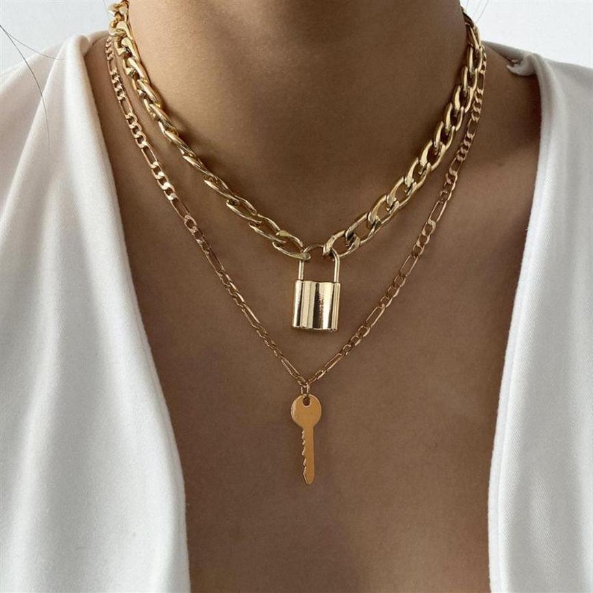 

Cuban Link Chain Choker Necklace Punk Multilayer Padlock Key Long Pendant Necklace for Women Gold Color Collar Jewlery298J