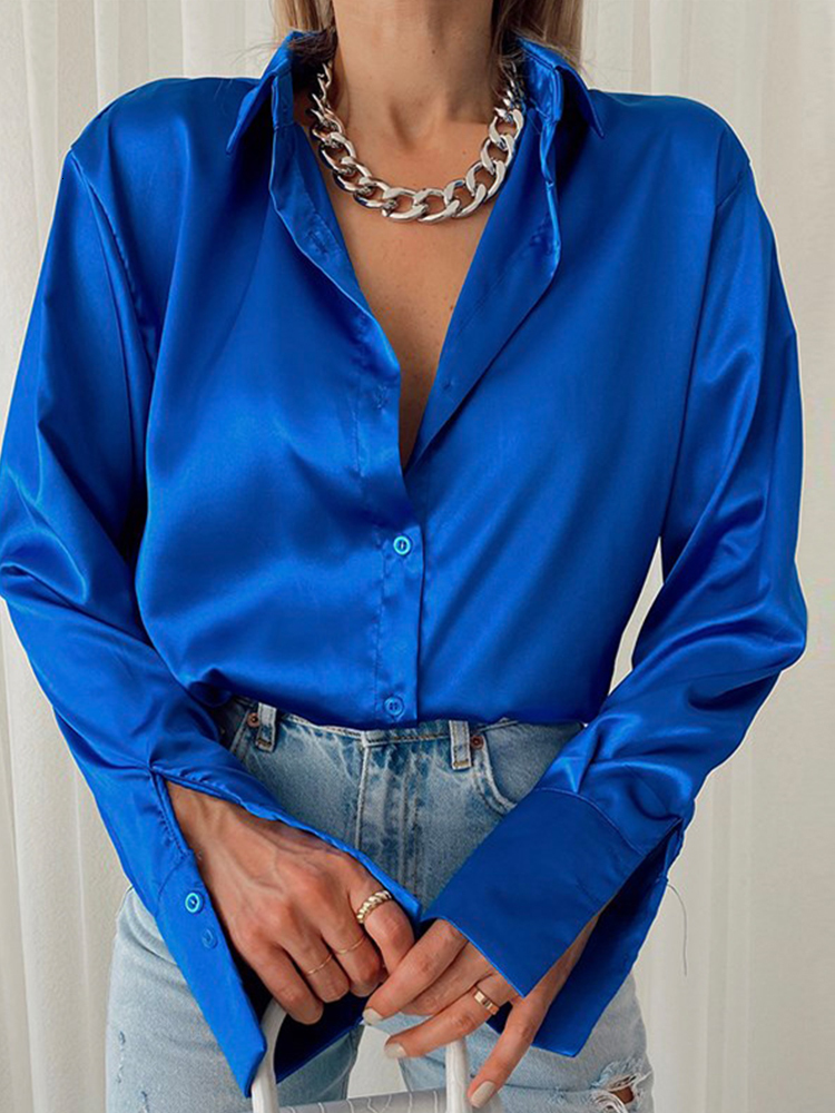 

Women's Blouses Shirts Women Elegant Satin Solid Long Sleeve Blouses Female Chic Vintage Blue Green Casual Loose Fitting Buttons Down Shirts Tops 221119