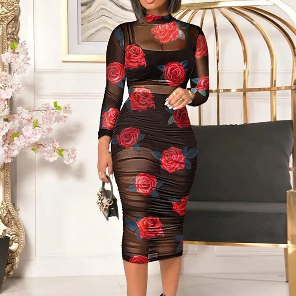 

Two Piece Dress Casual Dresses 3Pieces Vintage Rose Flower Women Vest Skirt Sexy Seethrough Milk Silk Bodycon Long Sleeves Tube Top vestido 221121, Yellow