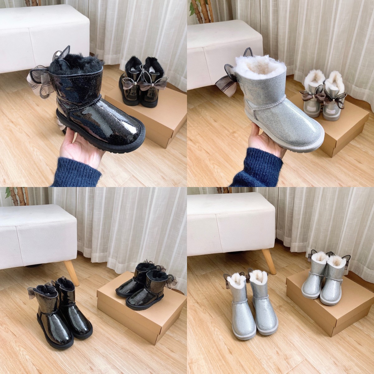 

Australia Classic kids shoes girls bow tie boot designer uggi boots baby uggly kid youth wggs toddler infants shoe wggs Furry Ankle Booties Children sneaker, Grey