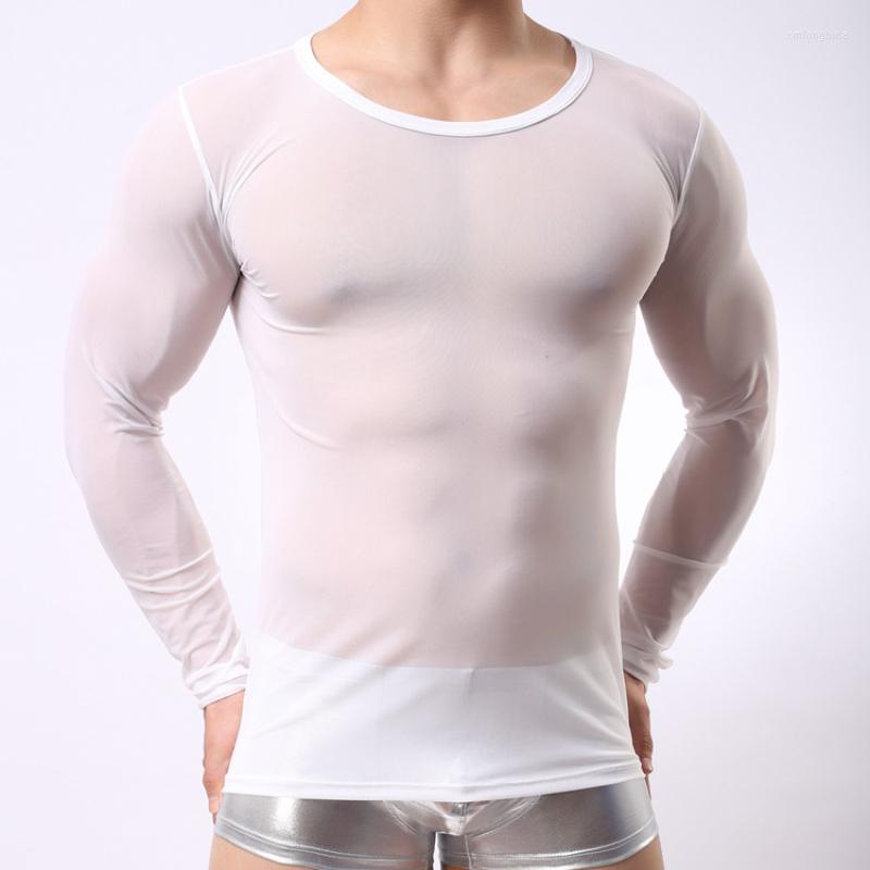 

Undershirts Mens Undershirt Sexy Gay Clothing Nylon Mesh Transparent Sheer Shirts Long Sleeves Slip Homme T Underwear Clubwear, Black