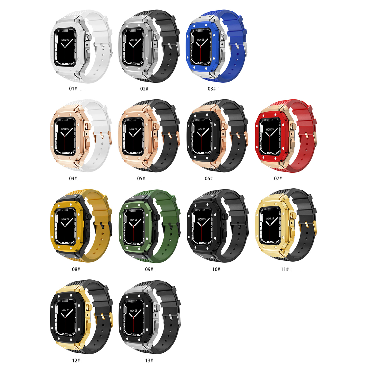 

Ap Watches Mod Kits Smart Straps Alloy Frame Case Fit Silicone Watchband Strap Band Wearable Replacement for Apple Watch Series 3 4 5 6 7 8 SE iWatch 44 45mm