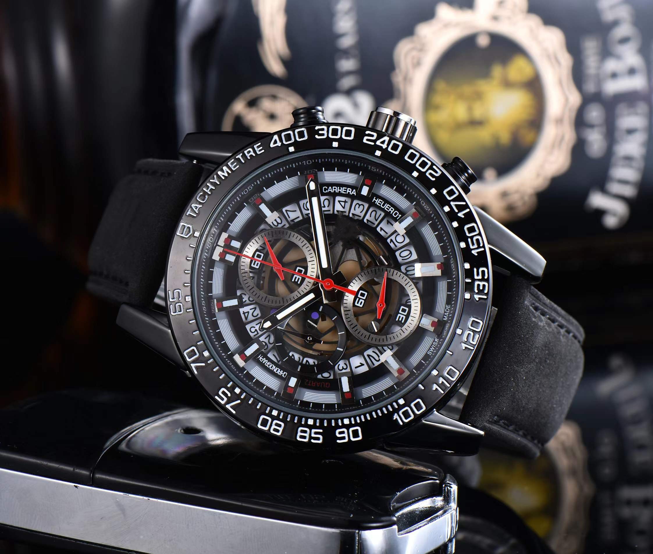 

2022 new luxury business leisure men's watch leather multi-function timing quartz movement