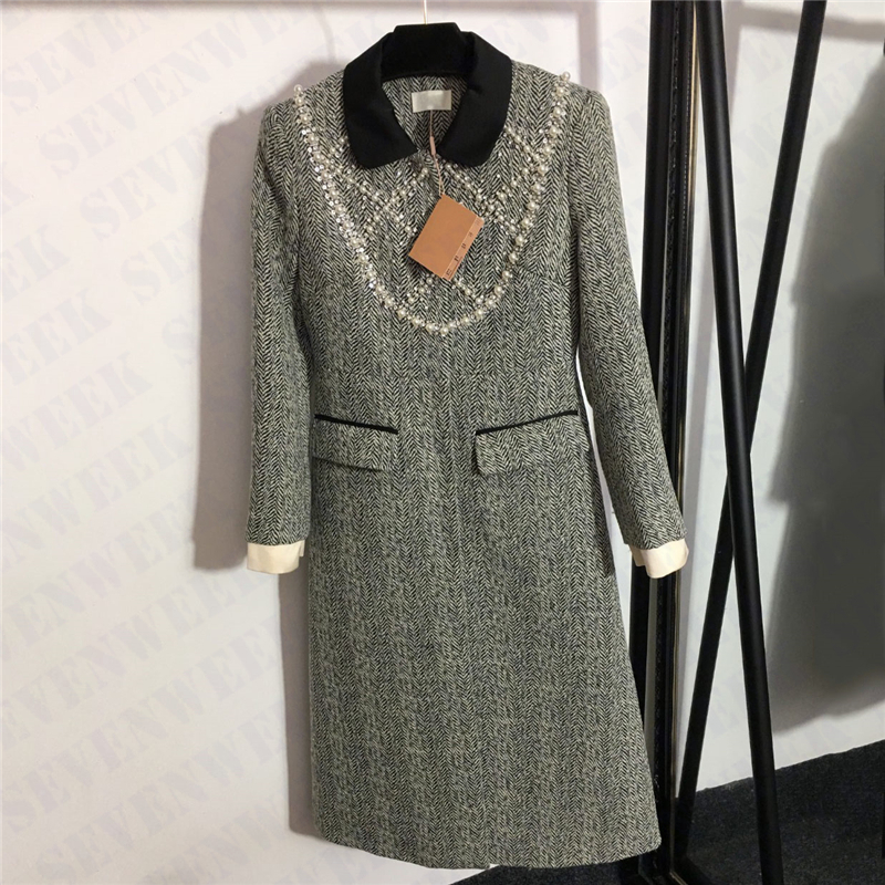 

Pearl Woolen Coats Blends For Women Winter Long Sleeve Wool Dress Coat High Grade Luxury Ladies Outerwear, Gray