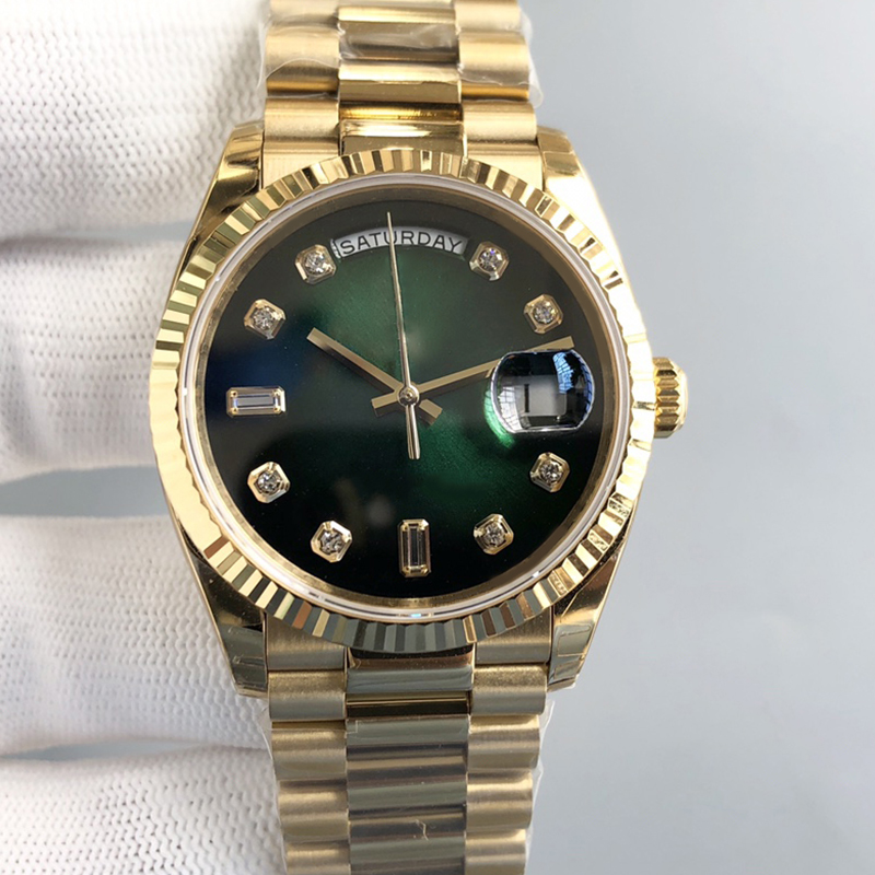 

Week gold men's watch calendar with diamond green dial sapphire mirror 41mm automatic machine 2813 movement 904L stainless steel strap classic folding buckle, 10