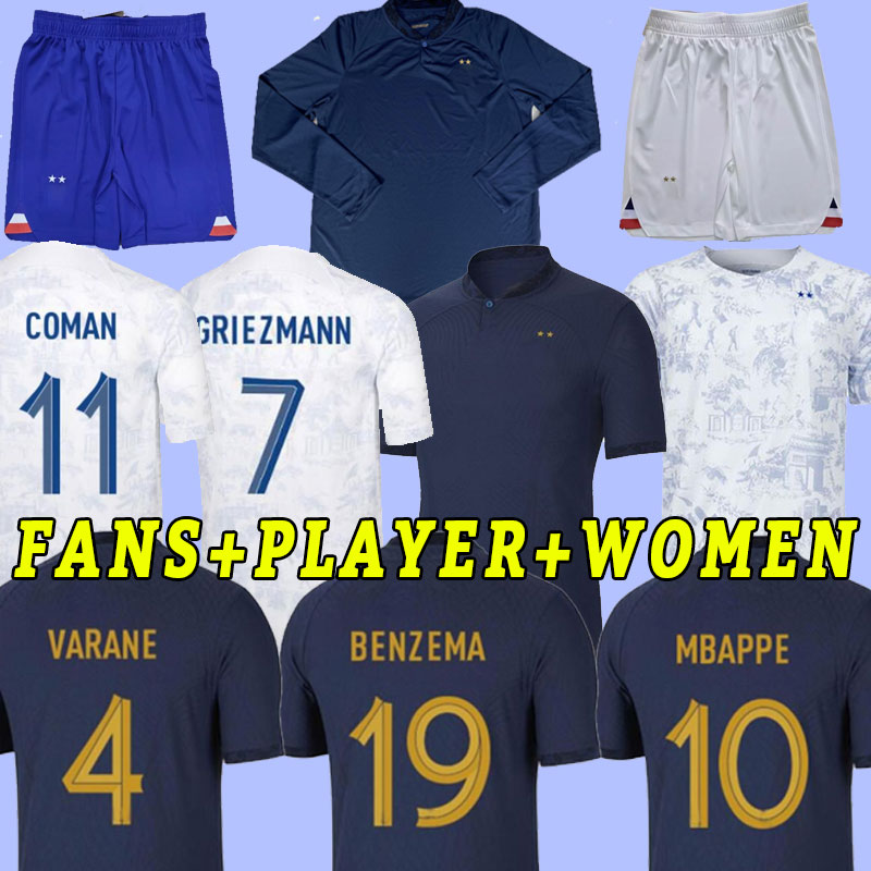 

2022 Maillots de football French soccer jersey 2023 BENZEMA MBAPPE GRIEZMANN POGBA 22 23 Francia KIMPEMBE FEKIR Kante women shirt long sleeve Jersey pants shorts, Away shorts