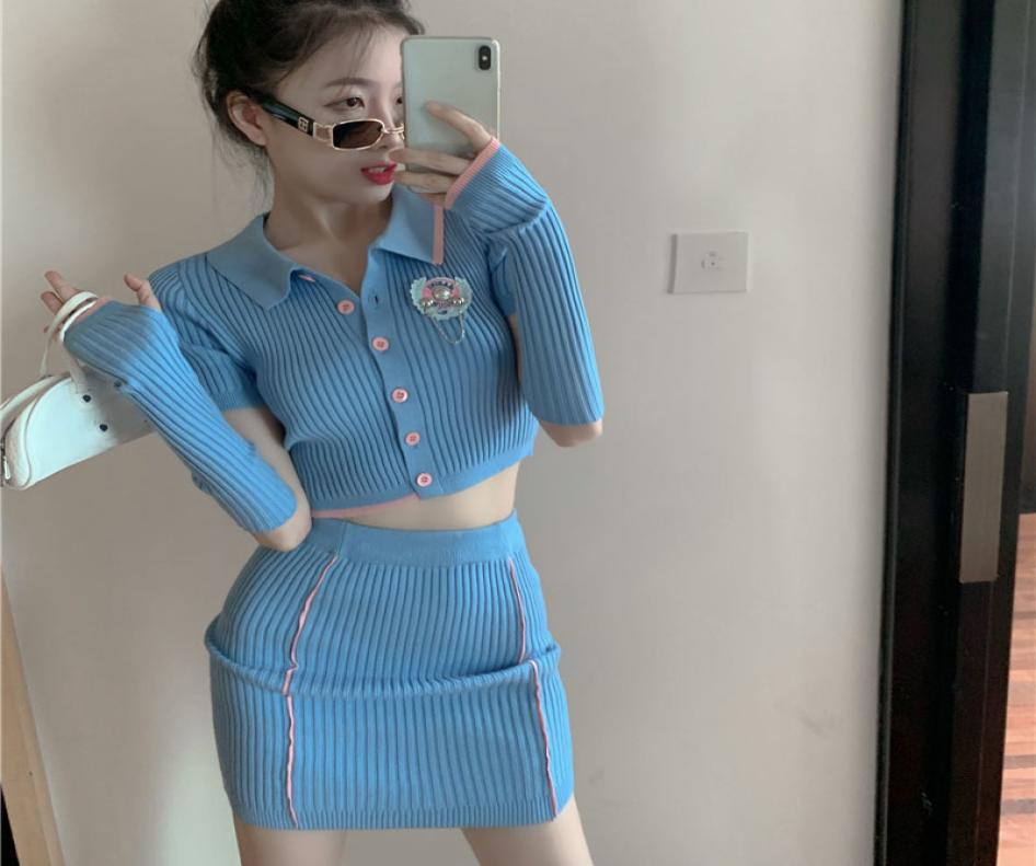 

Lucyever Women Fashion slim High elasticity Knit 2 Piece Set Sexy Bodycon Mini dress and Poloneck short Knitted shirt woman 210522131860, Blue