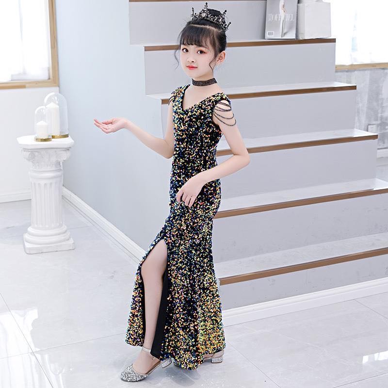 Robes de fille de fleur de sirène pailletée nouvelle venue 2023 longueur de plancher mode robes de concours de mariage côté transparent tulle mod