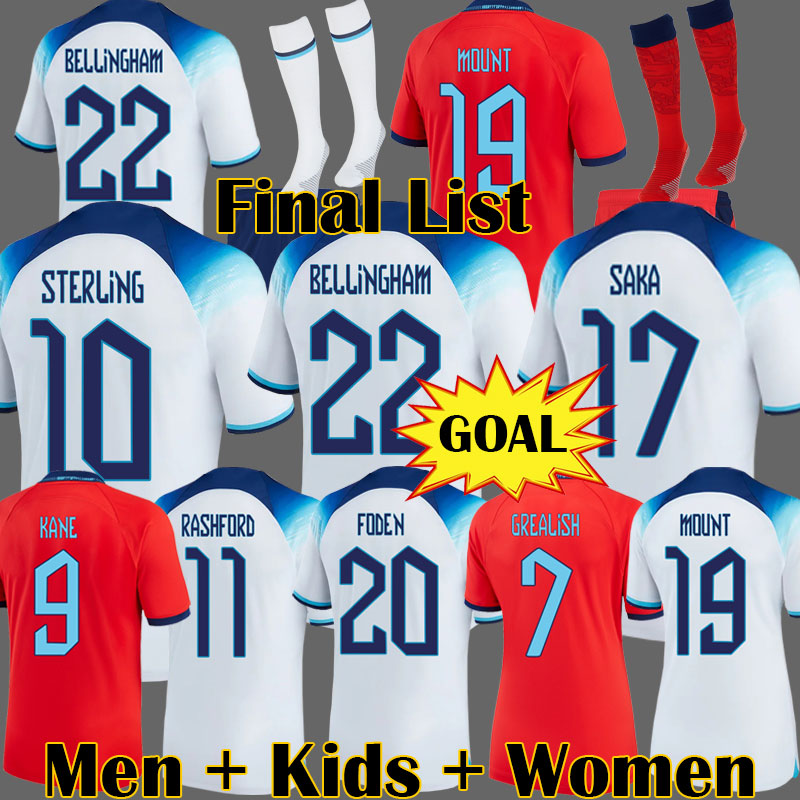 

2022 Soccer Jerseys SAKA FODEN BELLINGHAM RASHFORD 2023 ENGLAND KANE STERLING GREALISH National team Football Kit 22 23 Red shirts White Blue Men Kids kits 889001, Women away